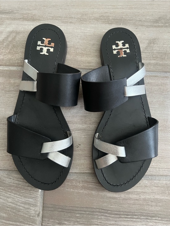 Tory Burch Shoes - Tory Burch Black and Silver Leather Slide Sandals